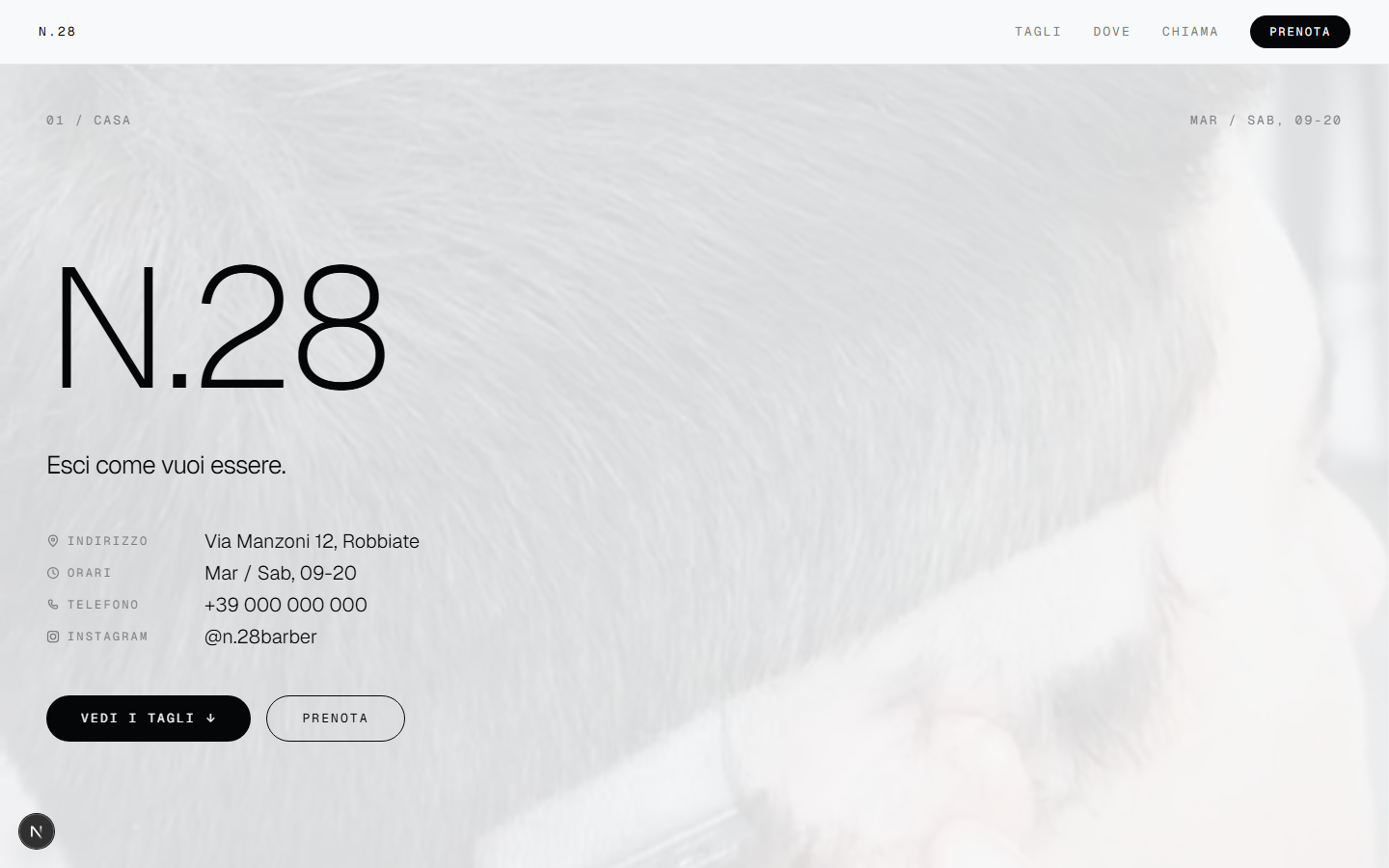 Home N.28 — wordmark, payoff Esci come vuoi essere, indirizzo, orari, telefono